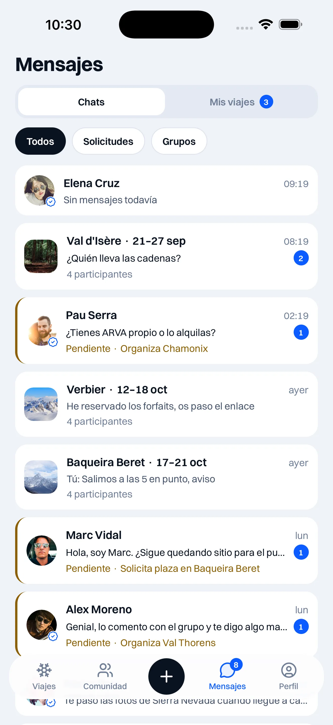 Captura de la app de SkiM8’s: Del «sí» al coche cargado